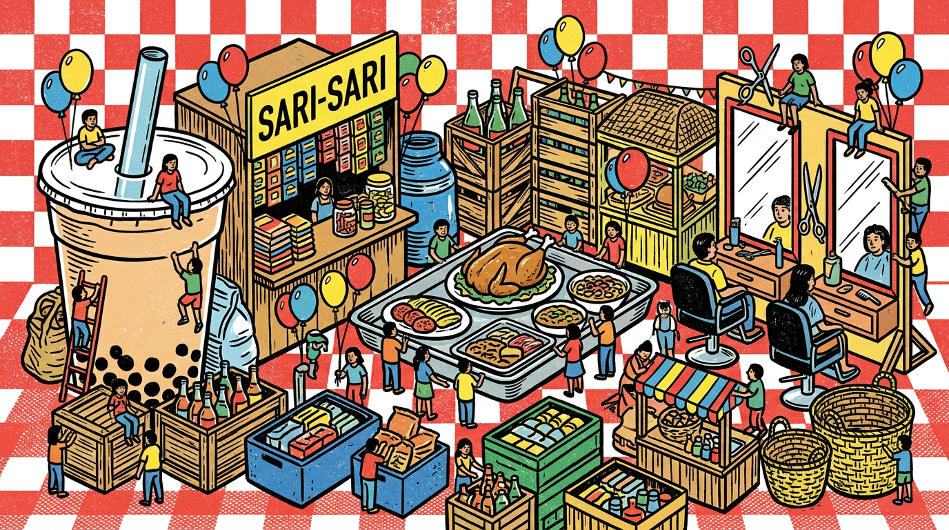 An illustrated crowd of tiny people around a giant milk tea, a sari-sari store, a food tray, a barber shop and market crates on a red and white checkered cloth