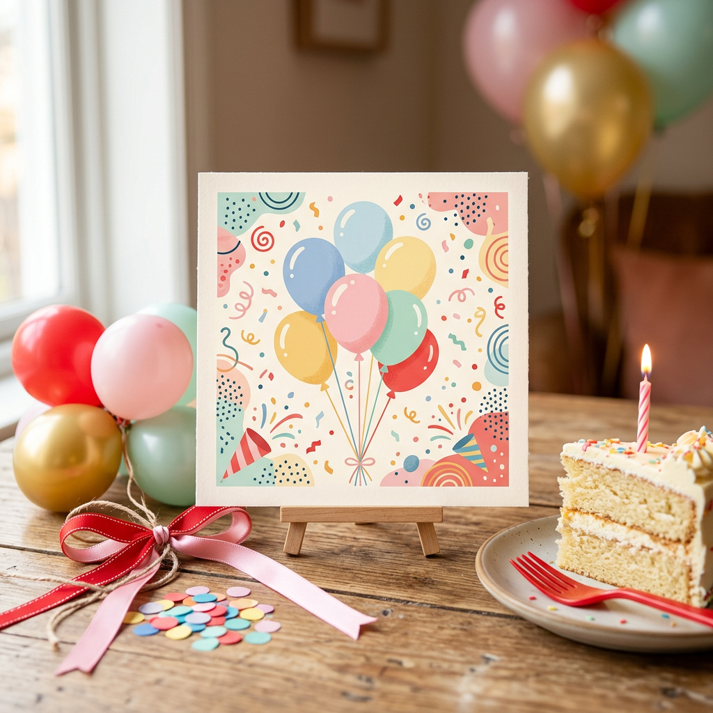 Sample balloon invitation on a small easel next to a slice of cake