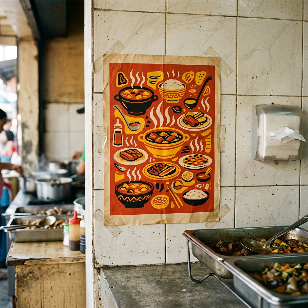 Sample food poster taped to the tiled wall of a carinderia