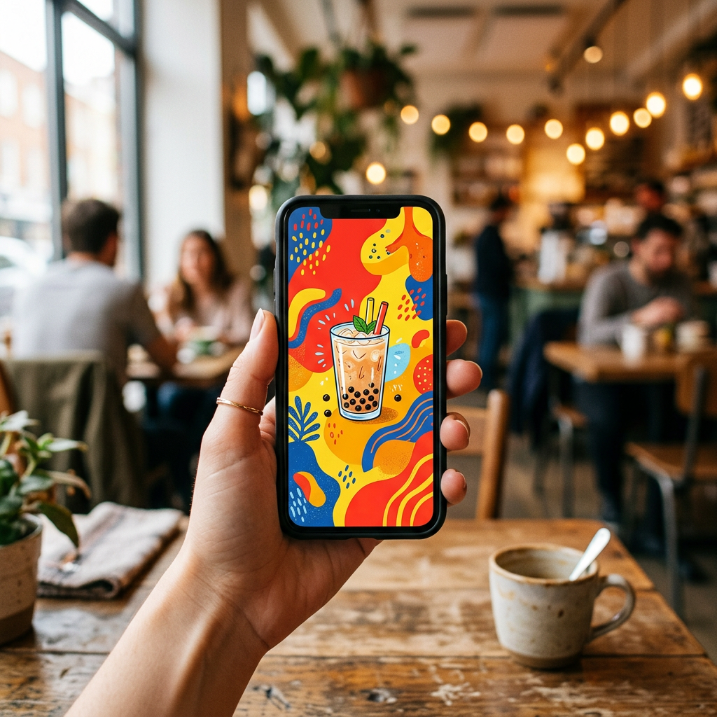 Sample promo graphic of an iced milk tea on a phone screen in a cafe