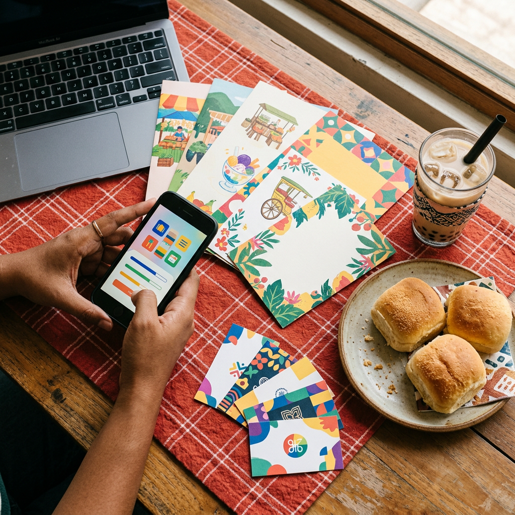 A pair of hands holding a phone over fanned-out sample invitations and cards, beside an iced milk tea and pan de sal